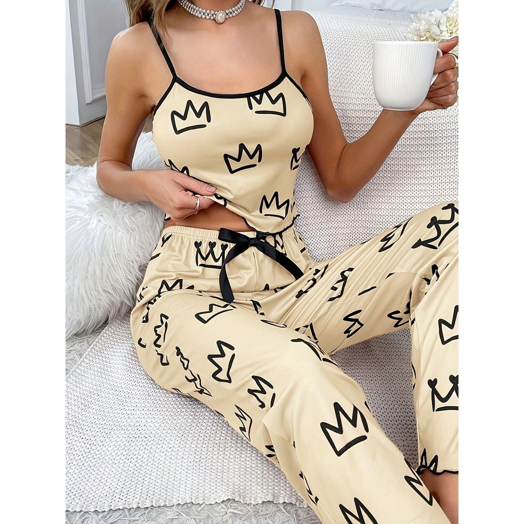 Crown Print Pajama Set Casual Lettuce Trim Round Neck Backless Crop Cami Top and Bow Pants Womens Sleepwear Image 6