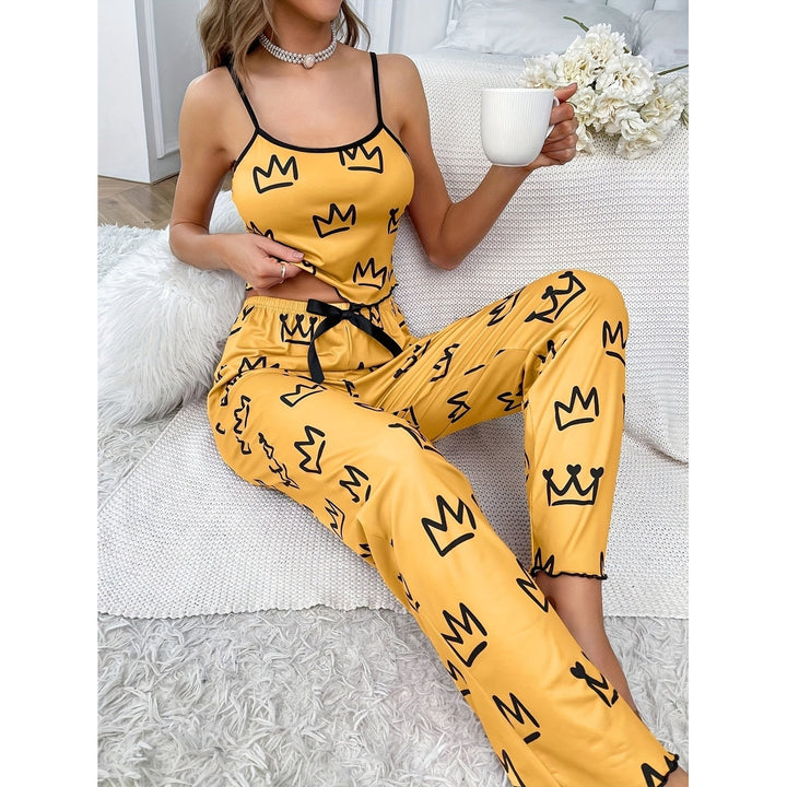 Crown Print Pajama Set Casual Lettuce Trim Round Neck Backless Crop Cami Top and Bow Pants Womens Sleepwear Image 7