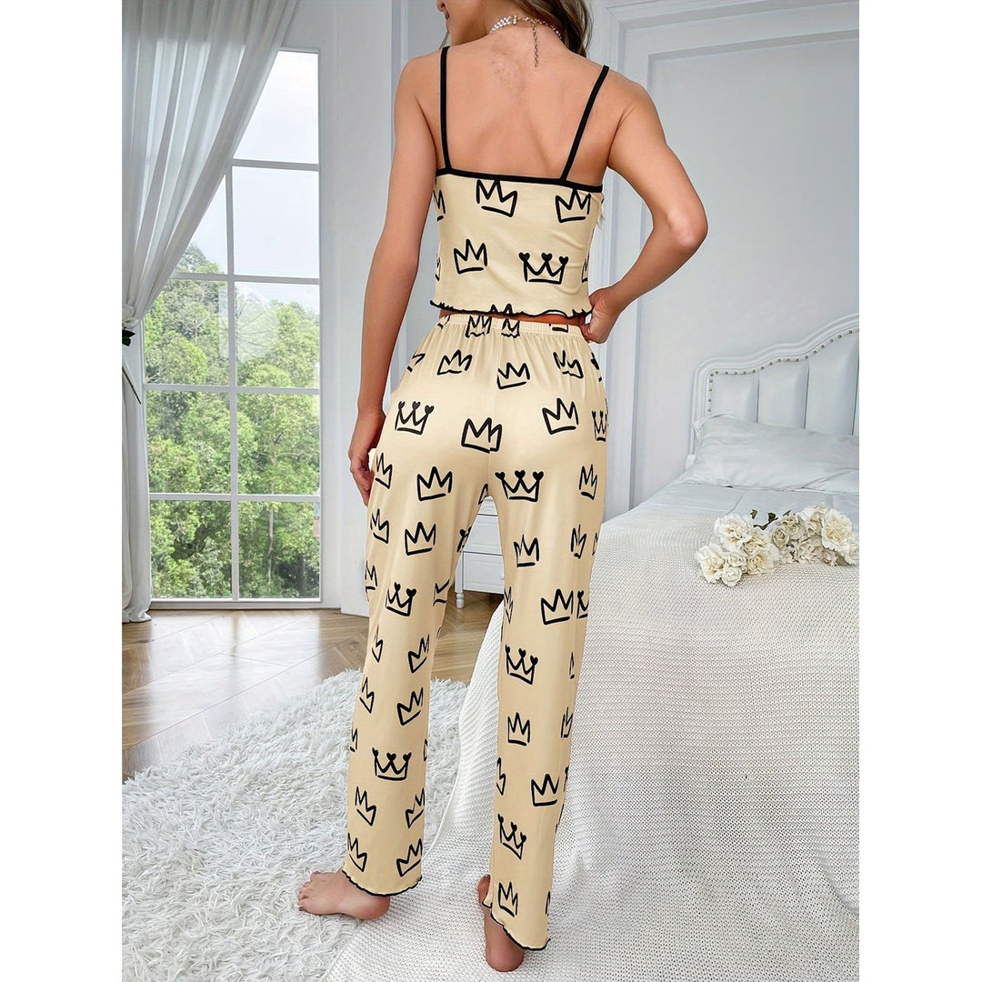 Crown Print Pajama Set Casual Lettuce Trim Round Neck Backless Crop Cami Top and Bow Pants Womens Sleepwear Image 10