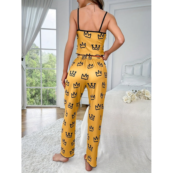 Crown Print Pajama Set Casual Lettuce Trim Round Neck Backless Crop Cami Top and Bow Pants Womens Sleepwear Image 11