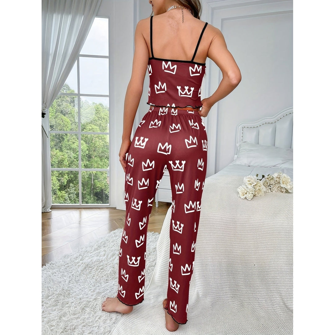 Crown Print Pajama Set Casual Lettuce Trim Round Neck Backless Crop Cami Top and Bow Pants Womens Sleepwear Image 12