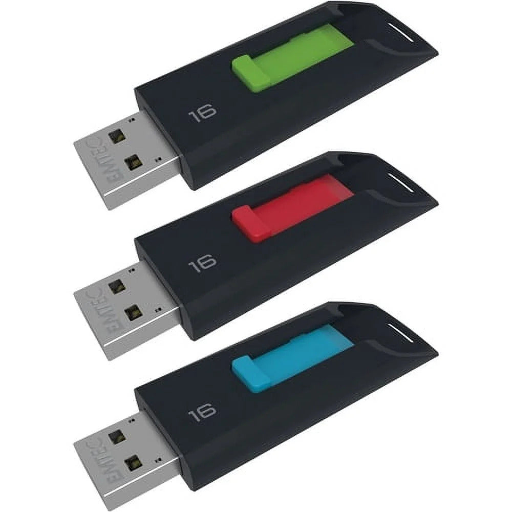 EMTEC Slide USB 2.0 Flash Drive 16GB 3-Pack Blue Green Red Capless Design Image 2