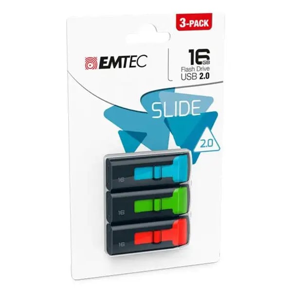 EMTEC Slide USB 2.0 Flash Drive 16GB 3-Pack Blue Green Red Capless Design Image 3