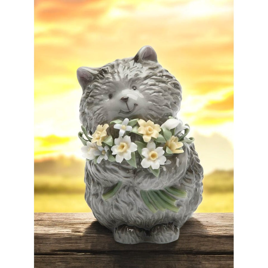 Ceramic Grey Cat Figurine 3.5in Flower Decor Home Accent Image 1