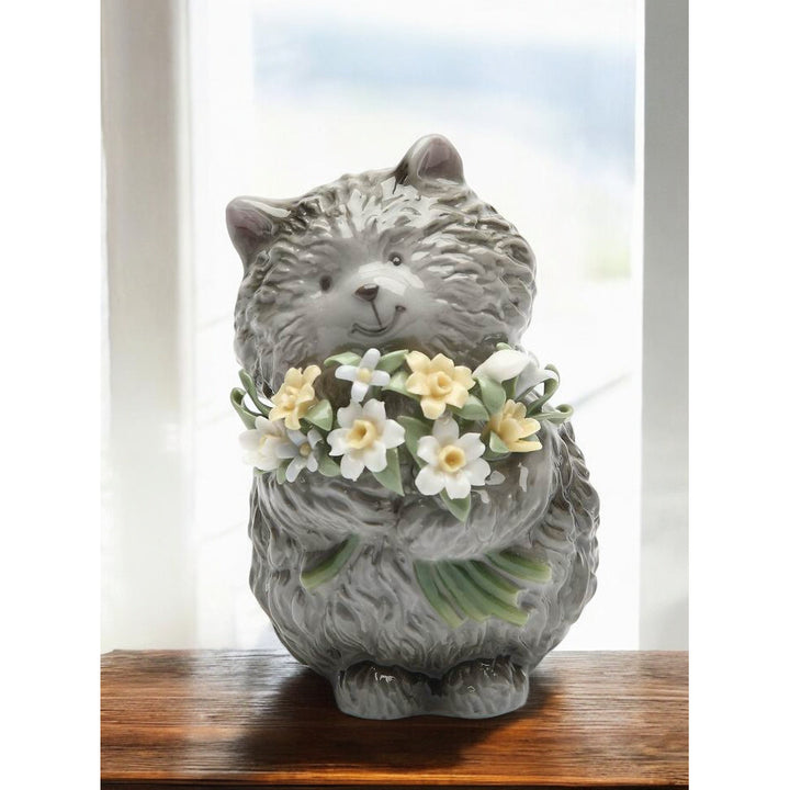 Ceramic Grey Cat Figurine 3.5in Flower Decor Home Accent Image 2