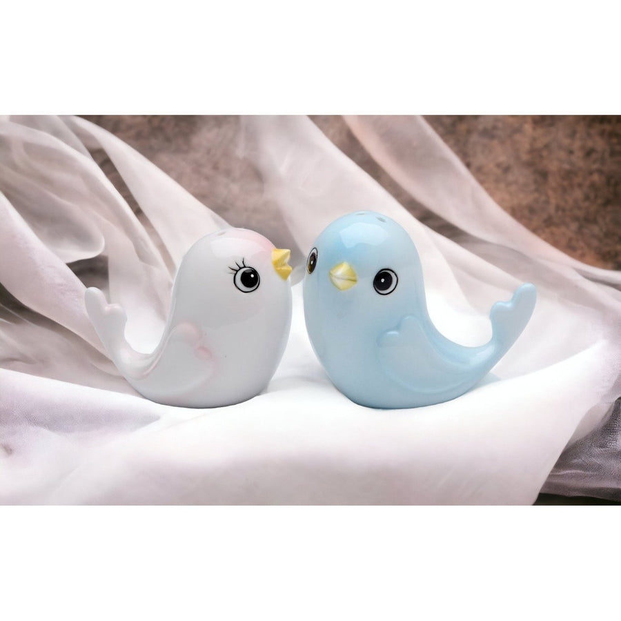 Hand Painted Ceramic Bird Salt and Pepper Shakers Blue Pink Gift Image 1