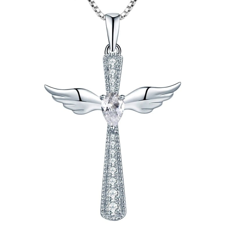 Paris Jewelry 18K White Gold 3Ct White Sapphire Angel Wing Cross Necklace Image 1