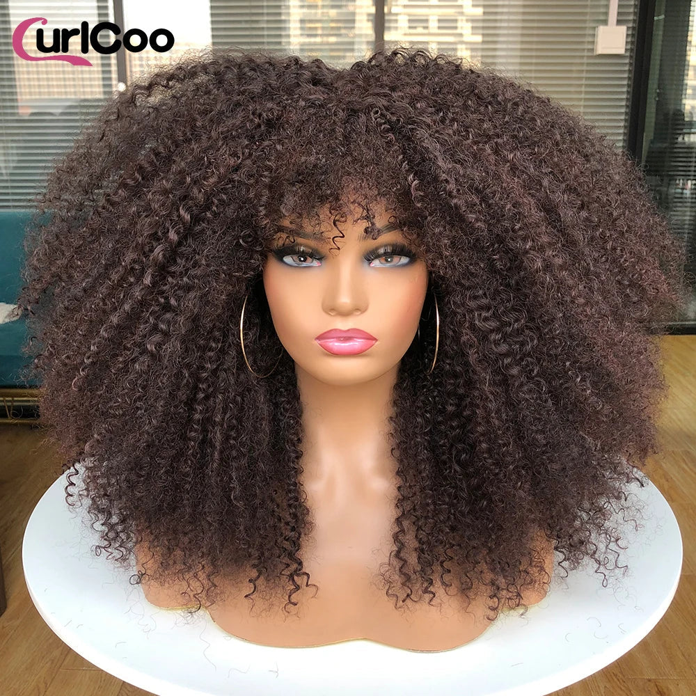 Curly Wig With Bangs Afro Curly Wigs for Black Women Synthetic Fiber Fluffy Long Curly Wig for Daily Party Cosplay Image 3