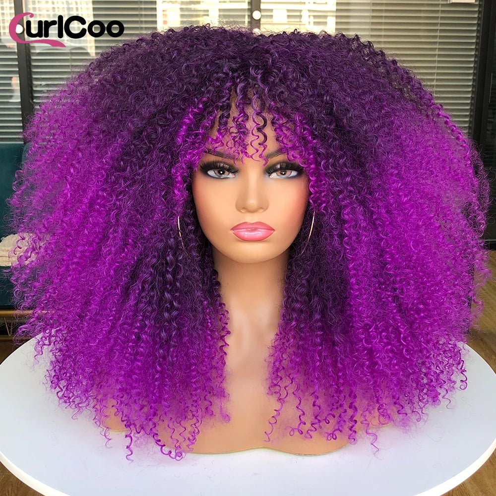 Curly Wig With Bangs Afro Curly Wigs for Black Women Synthetic Fiber Fluffy Long Curly Wig for Daily Party Cosplay Image 7