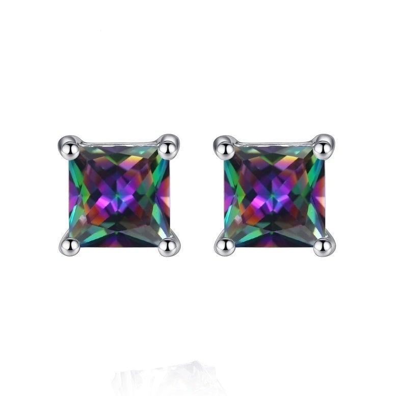 14k White Gold Plated Mystic Cut Blue Stud Earrings 6mm Square Shape Image 1