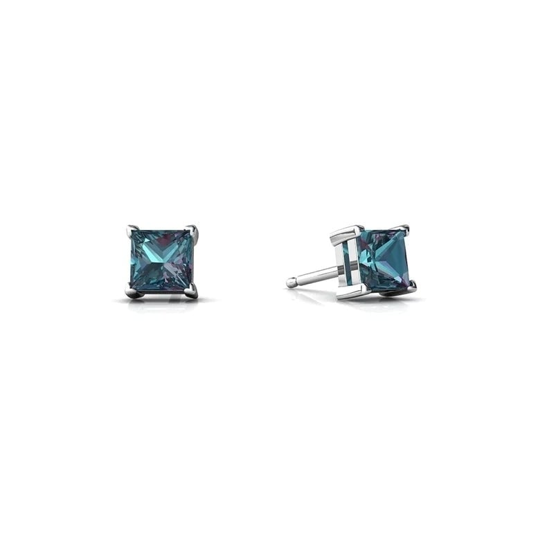 14k White Gold Plated Created Alexandrite 6mm Princess Cut Stud Earrings Image 1