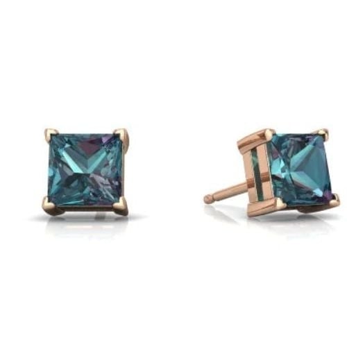 14k Rose Gold Created Alexandrite Stud Earrings 3mm Princess Cut for Women Image 1