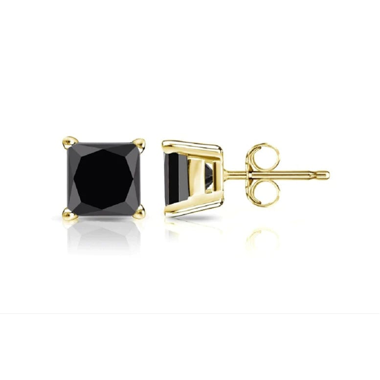 14K Yellow Gold Created Black Sapphire 6mm Princess Cut Stud Earrings Image 1