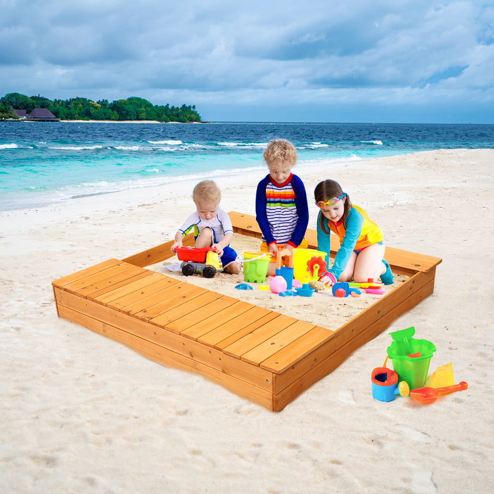 Kids Cedar Sandbox w/ Storage Boxes and Bench Seats Children Outdoor Playset Backyard Image 2