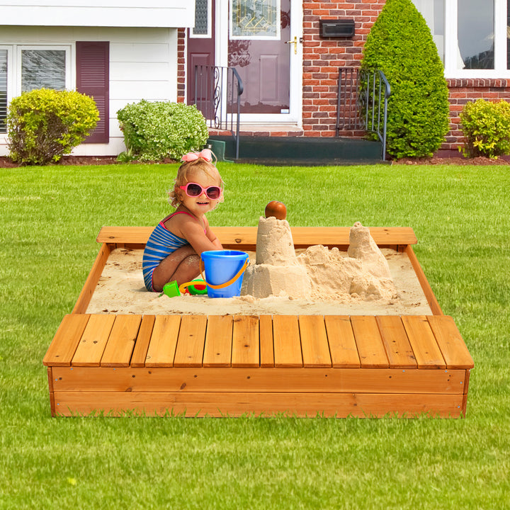 Kids Cedar Sandbox w/ Storage Boxes and Bench Seats Children Outdoor Playset Backyard Image 3