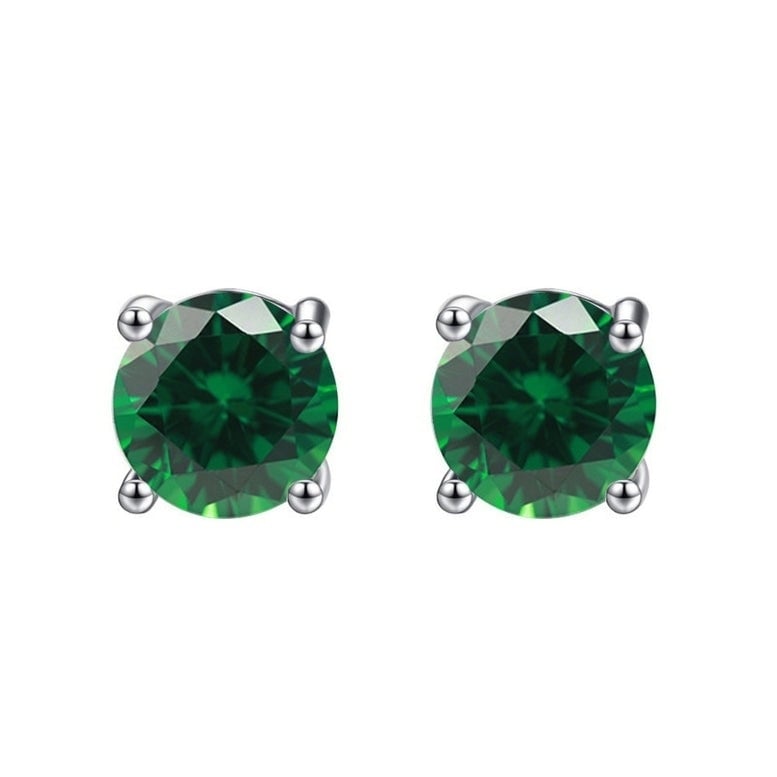 14k White Gold Plated Created Emerald Stud Earrings 6mm Round Green Jewelry Image 1