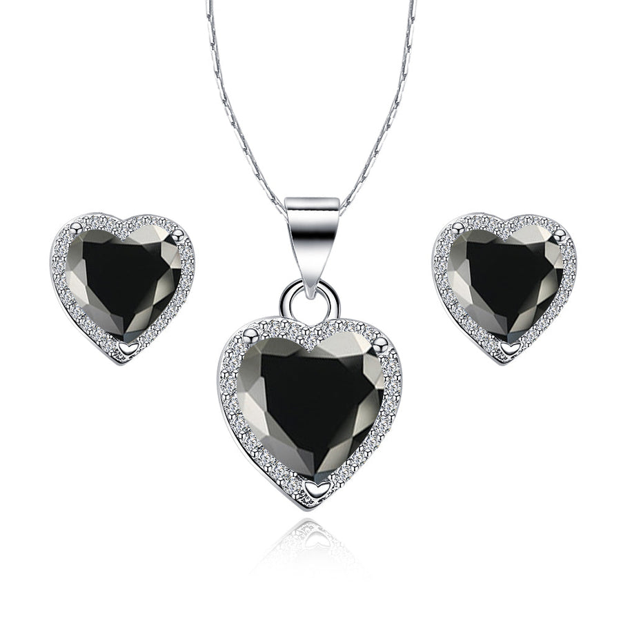 Paris Jewelry 18k White Gold Plated Heart Necklace Earrings Set Black Sapphire 4ct Image 1