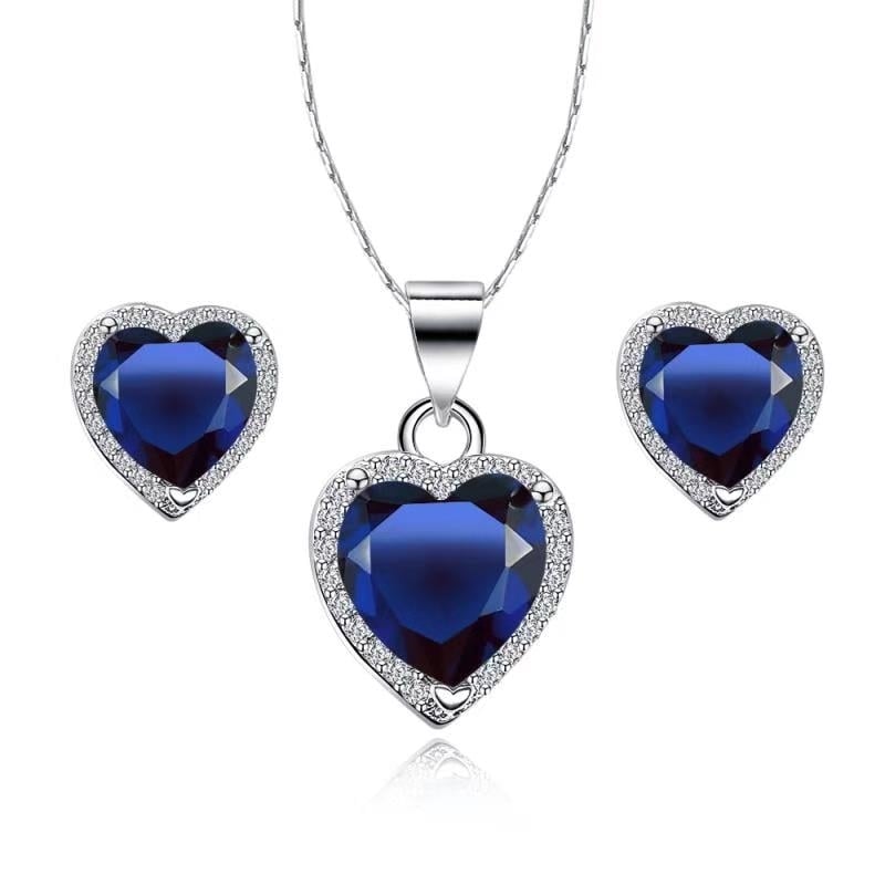 Paris Jewelry 18k White Gold Plated Heart Blue Sapphire Necklace Earrings Set 18" Image 1