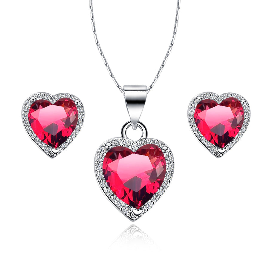 18k White Gold Plated Ruby Heart Jewelry Set Necklace Earrings 4 Carat 18 Inch Image 1