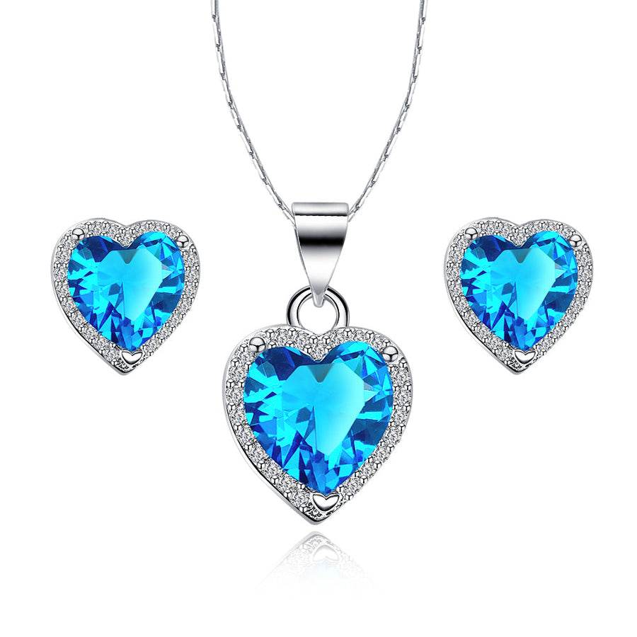 Paris Jewelry 18k White Gold Plated Heart Aquamarine Pendant Necklace Earrings Set Image 1