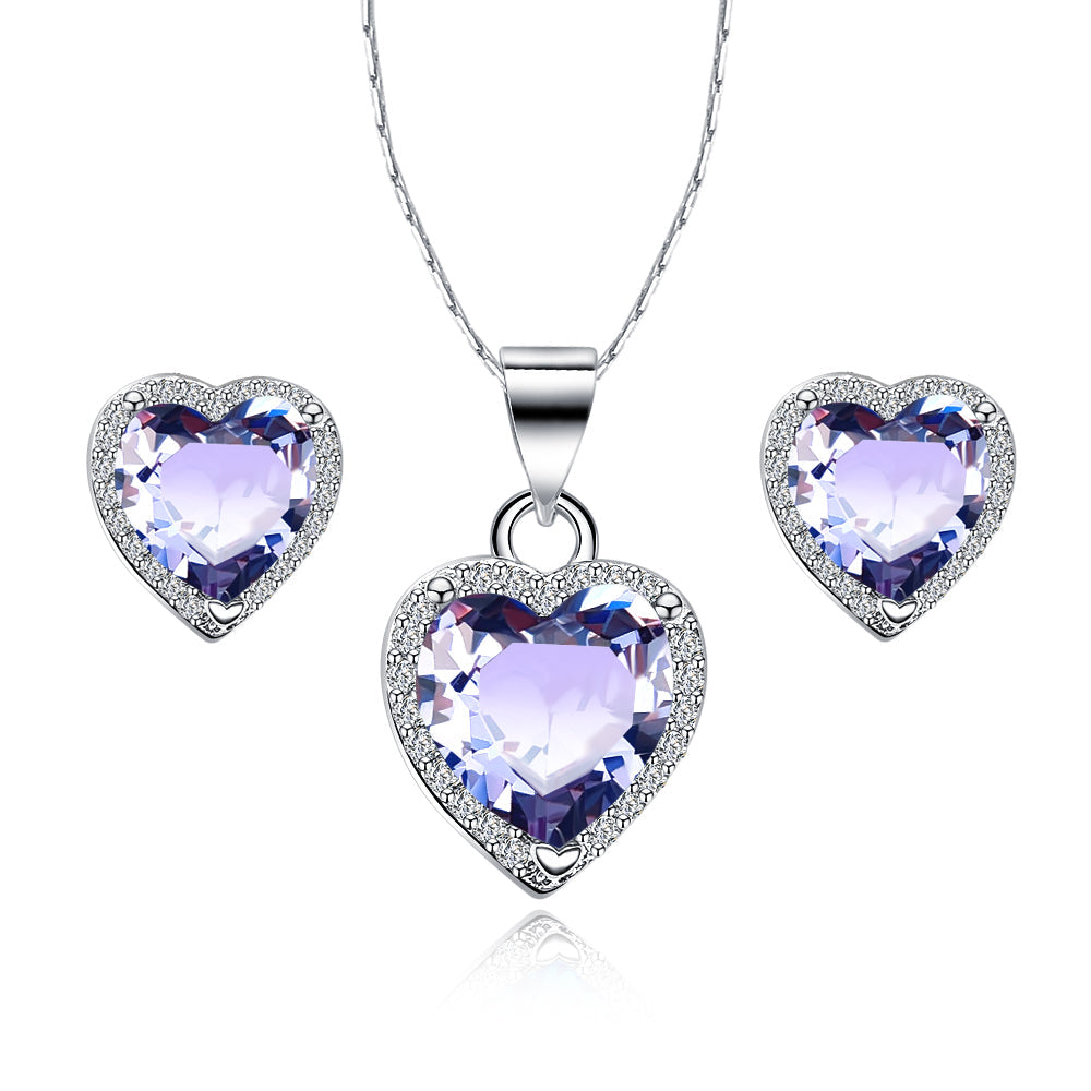 Paris Jewelry 18k White Gold Plated Heart Amethyst Necklace Earrings Set 4 Ct Image 1