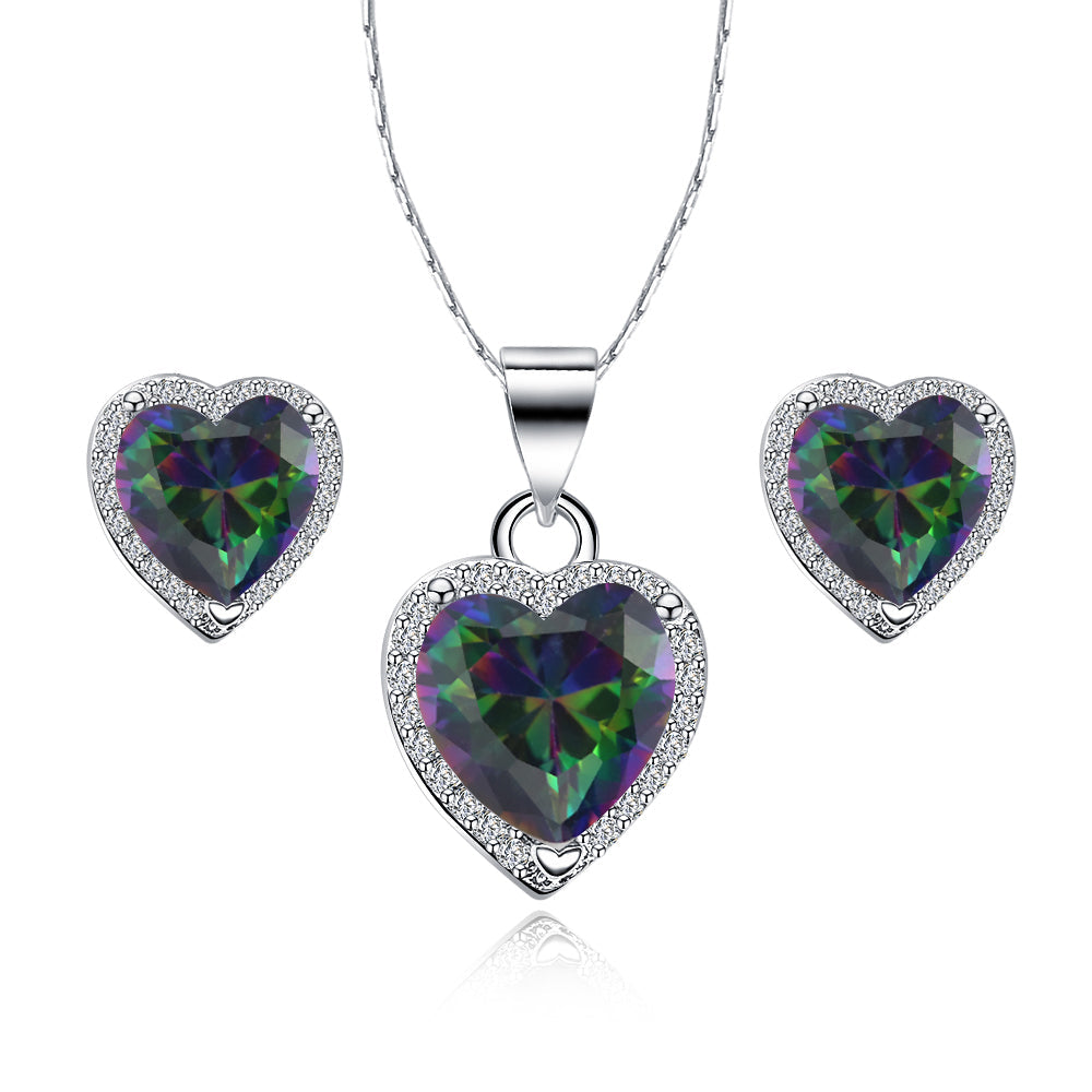 Paris Jewelry 18k White Gold Plated Heart Created Mystic Sapphire Necklace Set Image 1