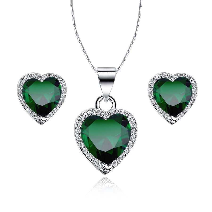 Paris Jewelry 18k White Gold Plated Heart Created Emerald Necklace Earrings Set Image 1