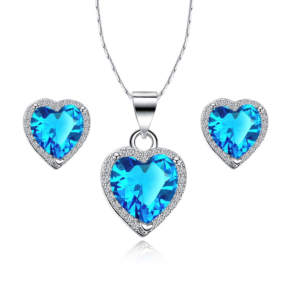 Paris Jewelry 18k White Gold Plated Heart Blue Topaz Necklace Earrings Set 18" Image 1