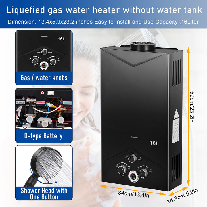 4.21GPM 16L Tankless Water Heaters Outdoor Portable Gas Hot Water Heaters Fast Constant Temperature Water Heaters with Image 6