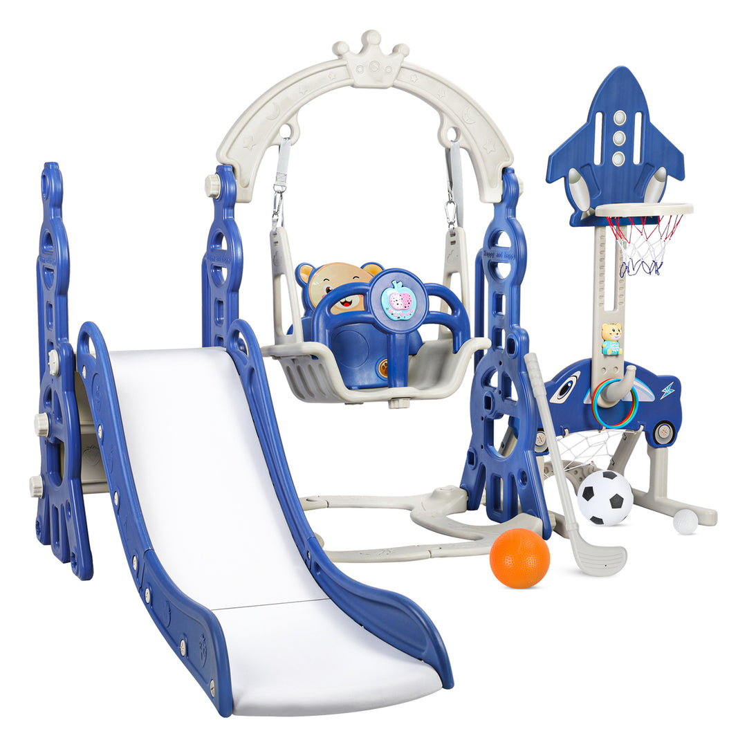 5 in1 Kids Slide Swing Set Freestanding Baby Playground with Non-Slip Ladder Slide Swing Basketball Hoop Soccer Net Image 1