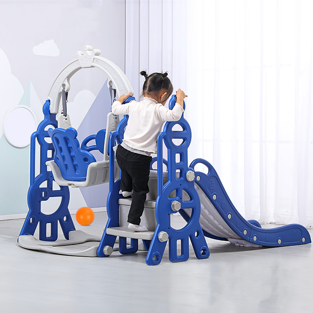 5 in1 Kids Slide Swing Set Freestanding Baby Playground with Non-Slip Ladder Slide Swing Basketball Hoop Soccer Net Image 8