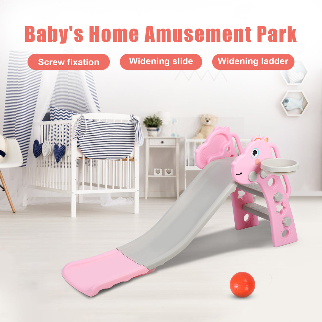 3 in 1 Kids Slide Cartoon Themed Baby Slide Climber Playset with Basketball Hoop and Ball Indoor Outdoor Playground for Image 10