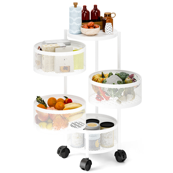 3/4/5 Tier Kitchen Circular Rotating Basket Rotating Storage Rack with Wheels Fruit and Vegetable Metal Wire Shelf with Image 1