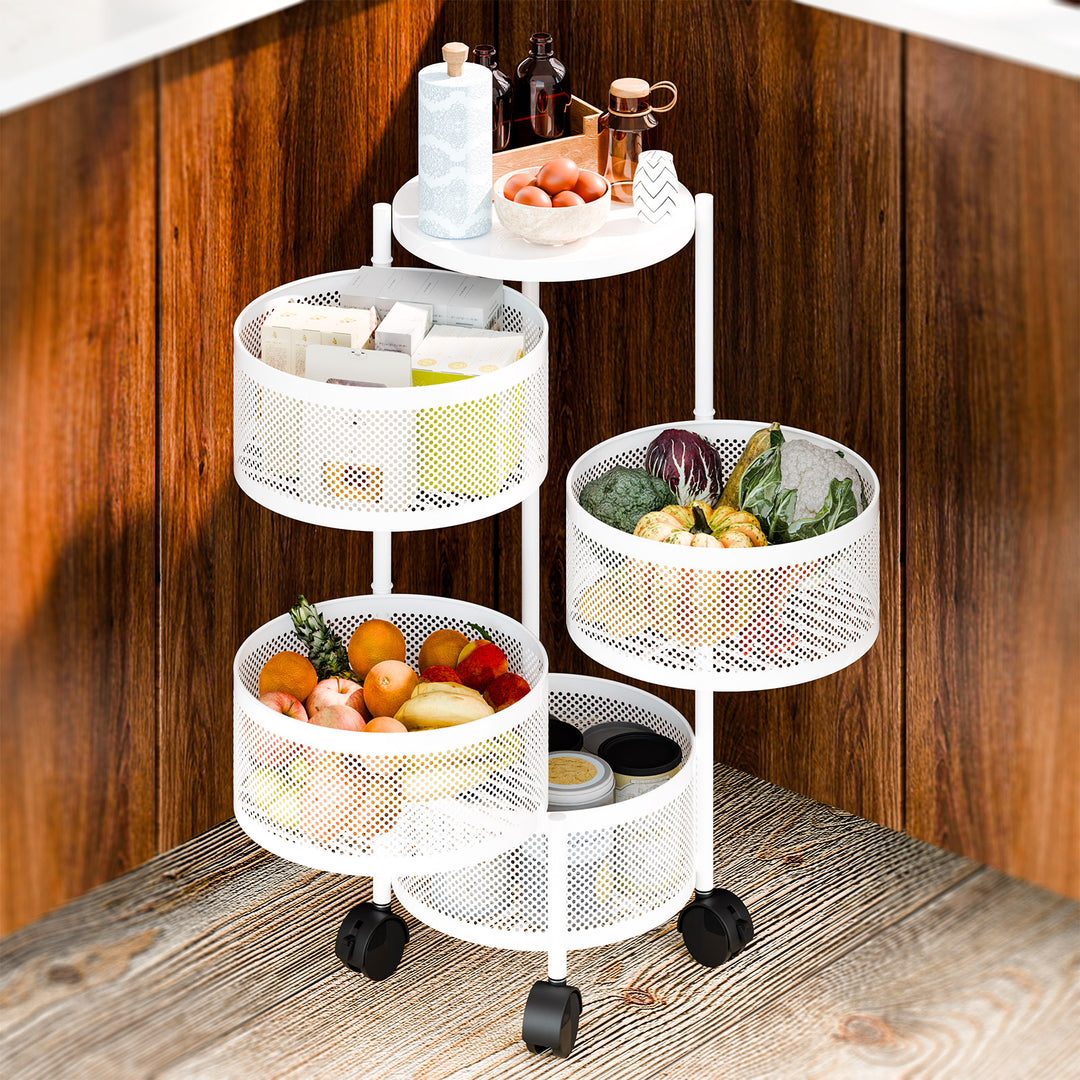 3/4/5 Tier Kitchen Circular Rotating Basket Rotating Storage Rack with Wheels Fruit and Vegetable Metal Wire Shelf with Image 11