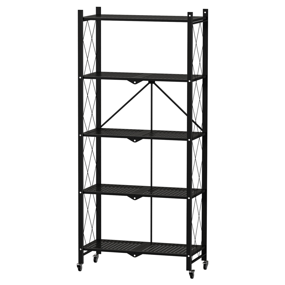 3/4/5 Tiers Foldable Storage Shelves Expandable Folding Bookshelf with Wheels Collapsible Adjustable Storage Rack Metal Image 1