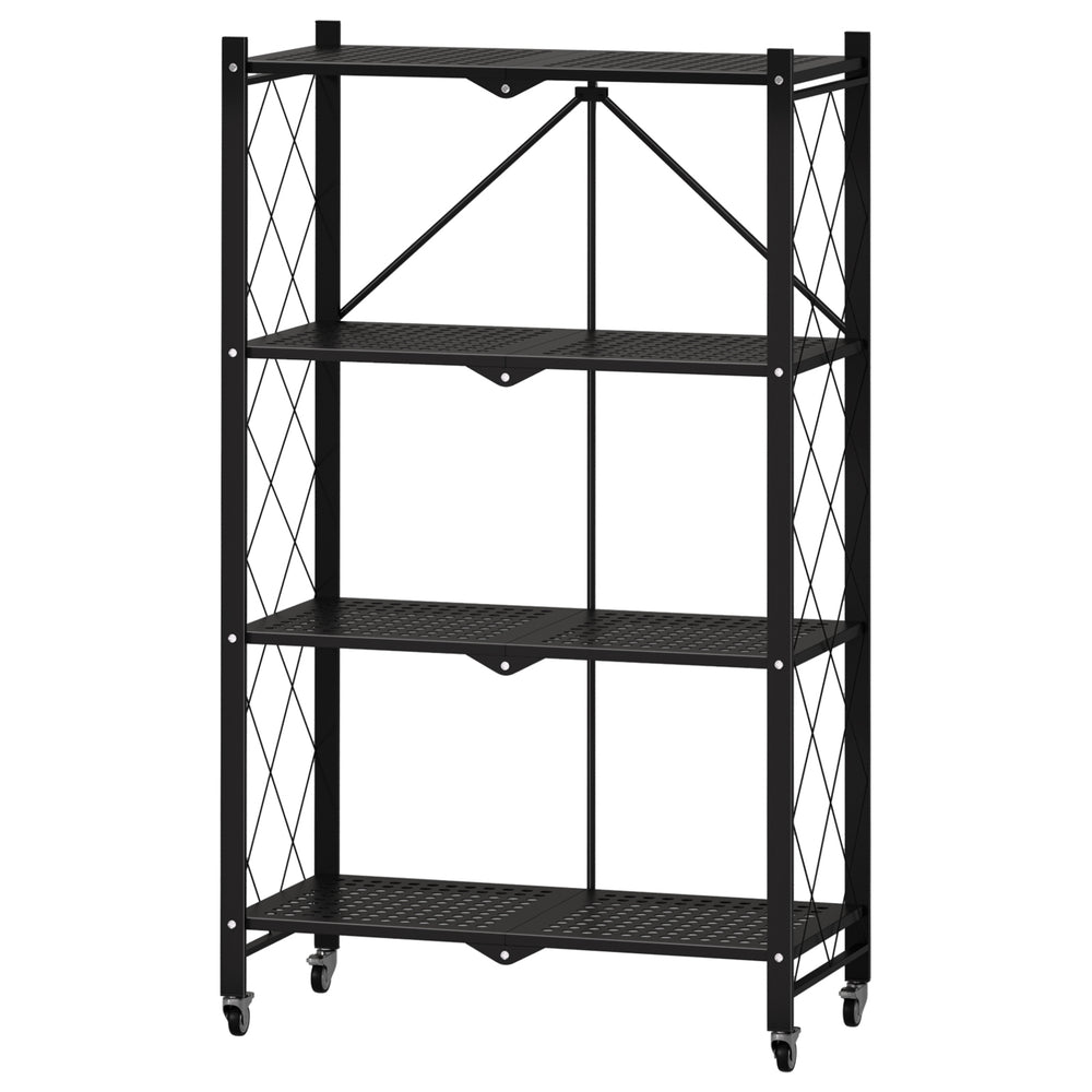 3/4/5 Tiers Foldable Storage Shelves Expandable Folding Bookshelf with Wheels Collapsible Adjustable Storage Rack Metal Image 2