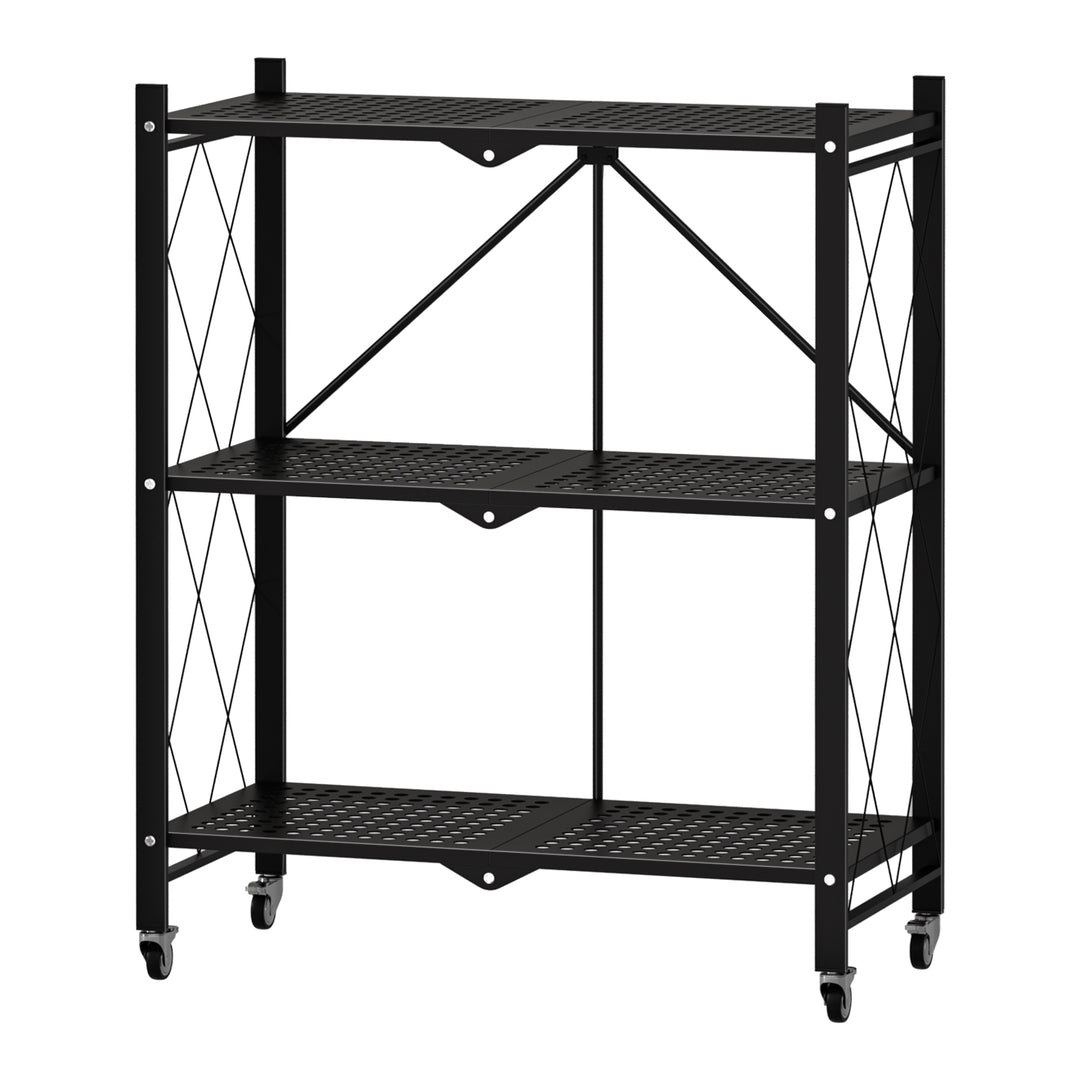 3/4/5 Tiers Foldable Storage Shelves Expandable Folding Bookshelf with Wheels Collapsible Adjustable Storage Rack Metal Image 3