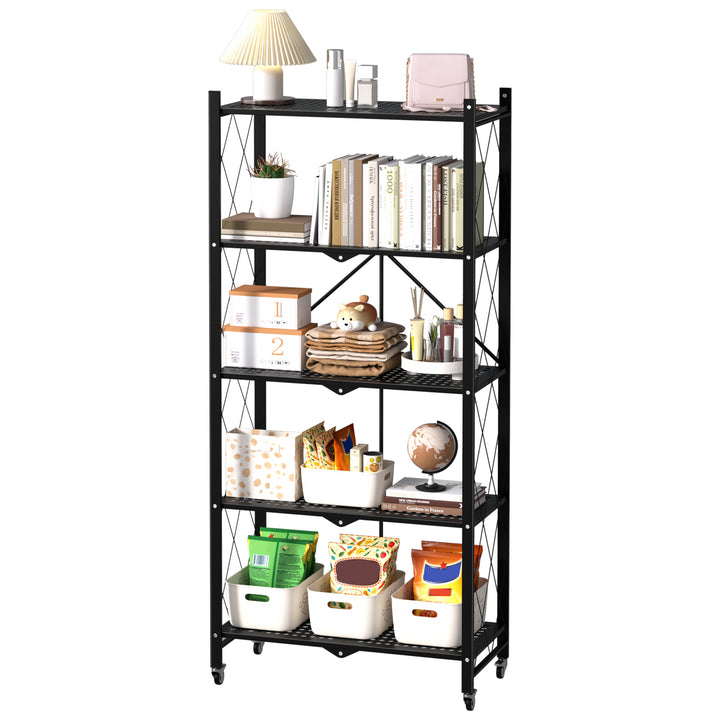 3/4/5 Tiers Foldable Storage Shelves Expandable Folding Bookshelf with Wheels Collapsible Adjustable Storage Rack Metal Image 7