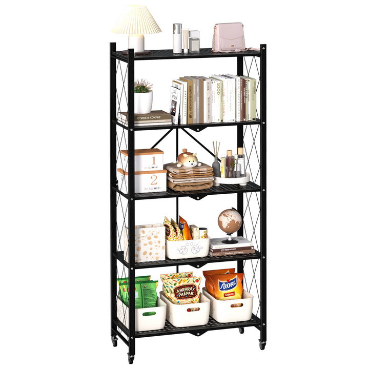 3/4/5 Tiers Foldable Storage Shelves Expandable Folding Bookshelf with Wheels Collapsible Adjustable Storage Rack Metal Image 8