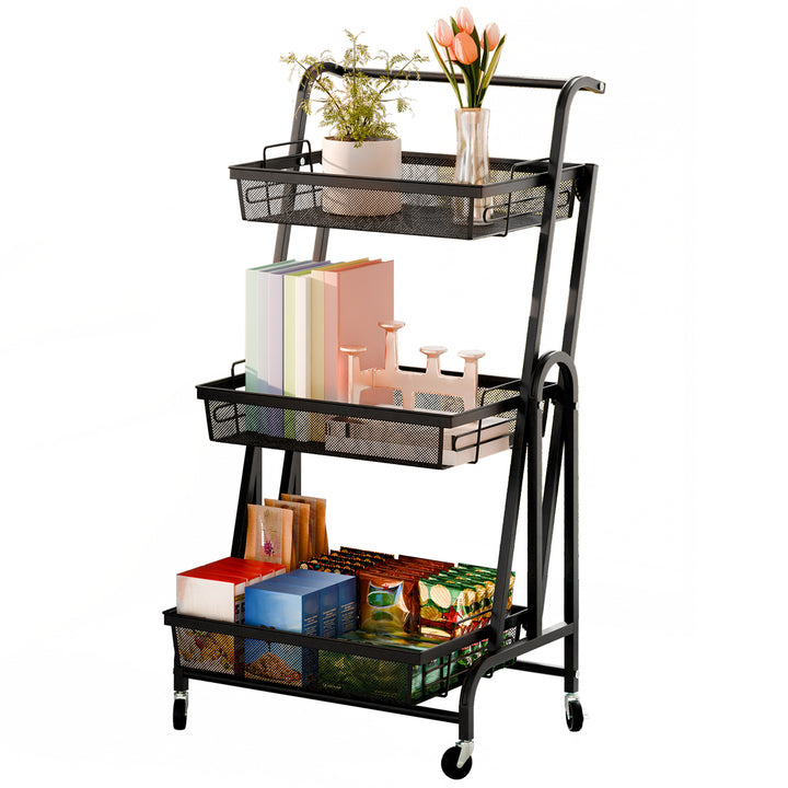 94cm Storage Rack 3-Tier Foldable Storage Shelves with Casters Detachable Basket Kitchen Storage Basket Cart 90-180 Image 1