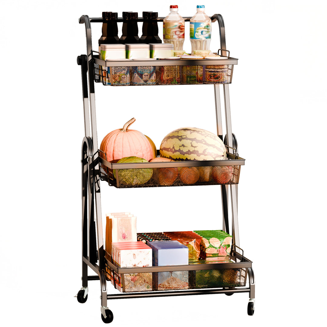 94cm Storage Rack 3-Tier Foldable Storage Shelves with Casters Detachable Basket Kitchen Storage Basket Cart 90-180 Image 2