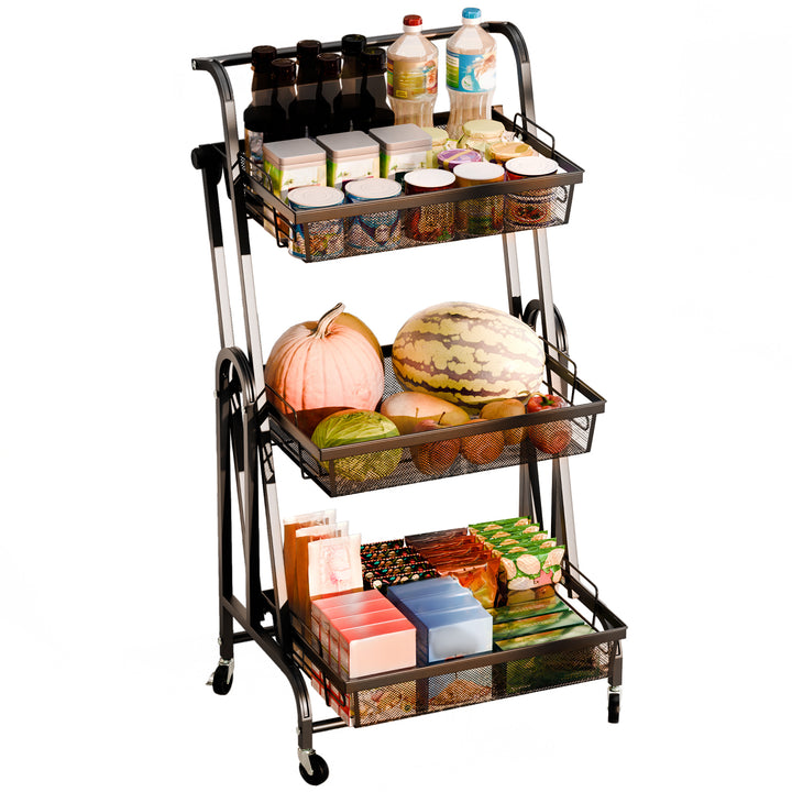 94cm Storage Rack 3-Tier Foldable Storage Shelves with Casters Detachable Basket Kitchen Storage Basket Cart 90-180 Image 3