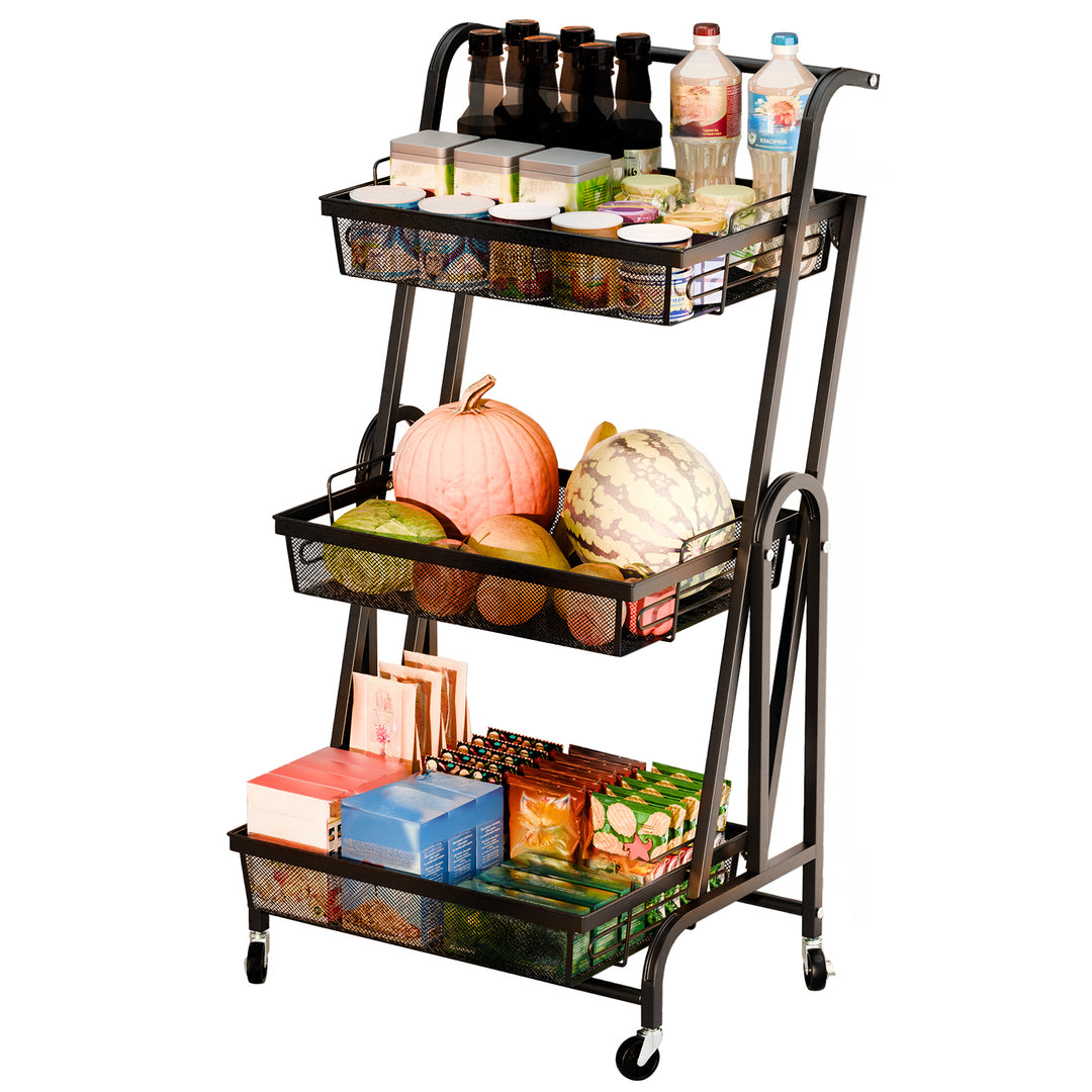 94cm Storage Rack 3-Tier Foldable Storage Shelves with Casters Detachable Basket Kitchen Storage Basket Cart 90-180 Image 4