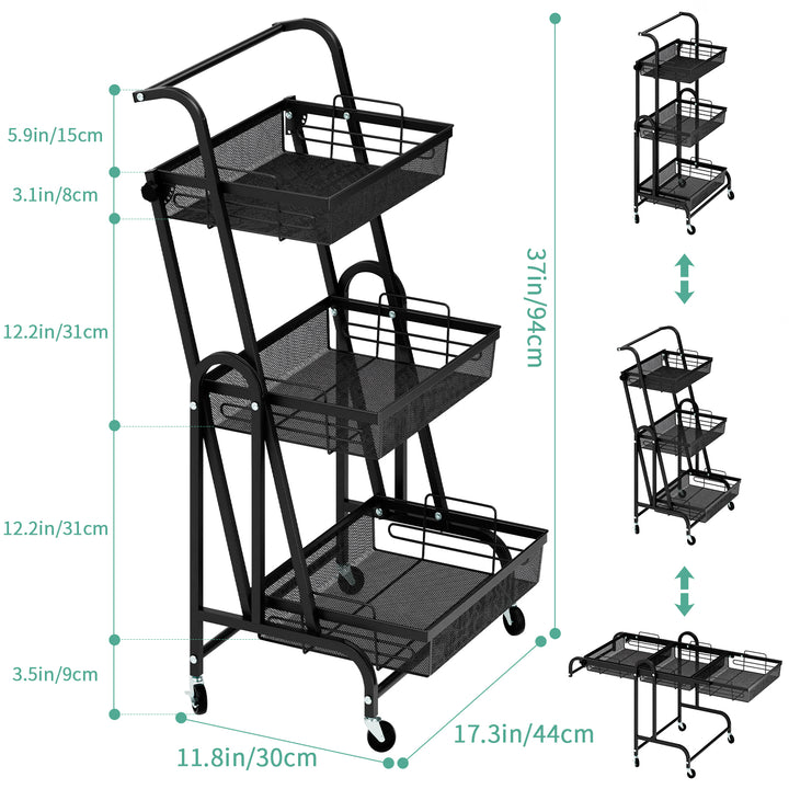 94cm Storage Rack 3-Tier Foldable Storage Shelves with Casters Detachable Basket Kitchen Storage Basket Cart 90-180 Image 4