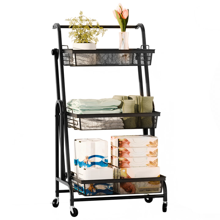 94cm Storage Rack 3-Tier Foldable Storage Shelves with Casters Detachable Basket Kitchen Storage Basket Cart 90-180 Image 6