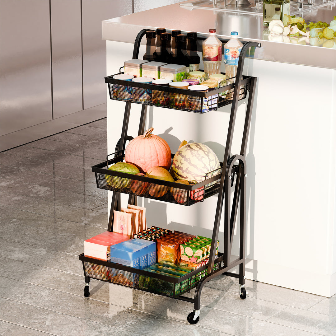 94cm Storage Rack 3-Tier Foldable Storage Shelves with Casters Detachable Basket Kitchen Storage Basket Cart 90-180 Image 7