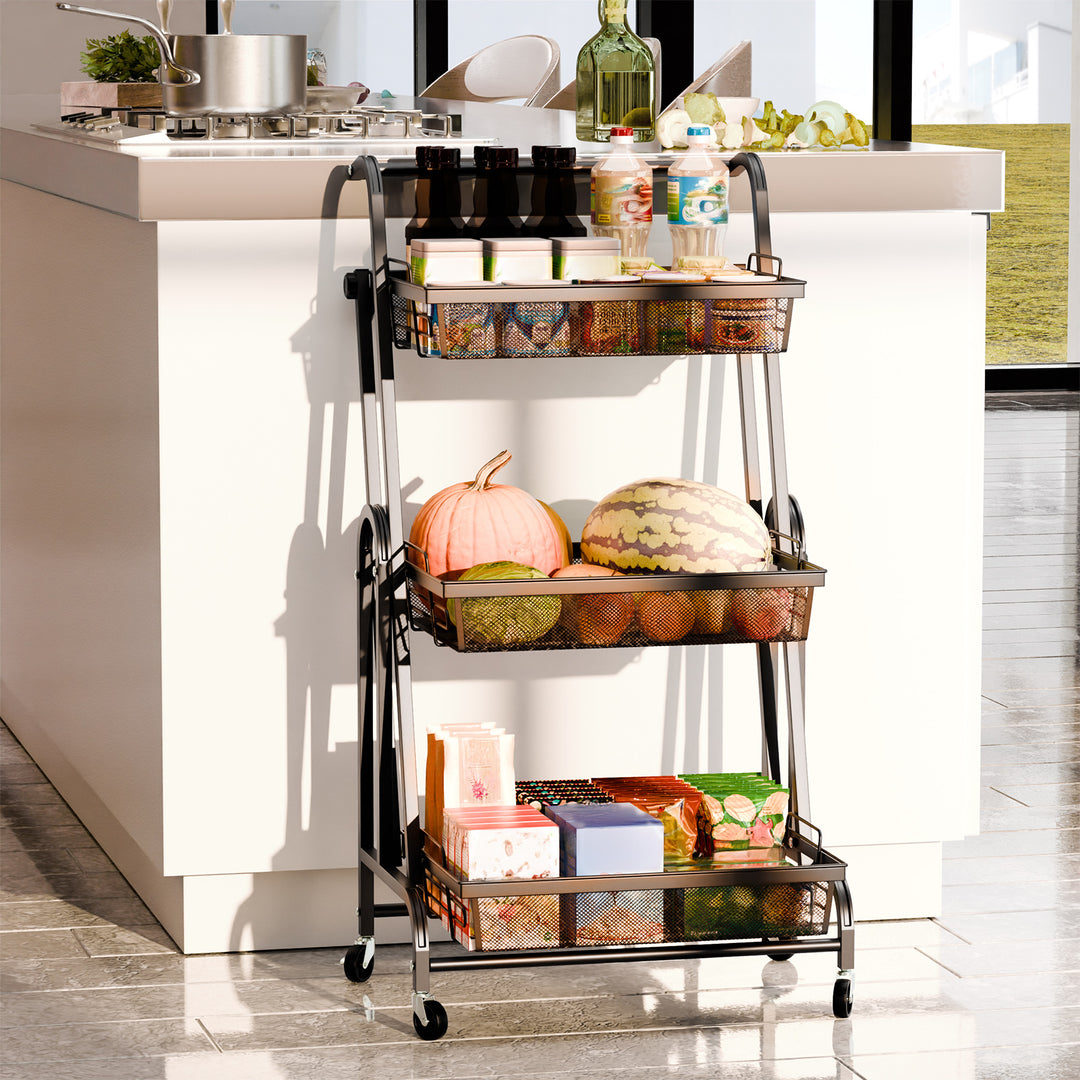 94cm Storage Rack 3-Tier Foldable Storage Shelves with Casters Detachable Basket Kitchen Storage Basket Cart 90-180 Image 8