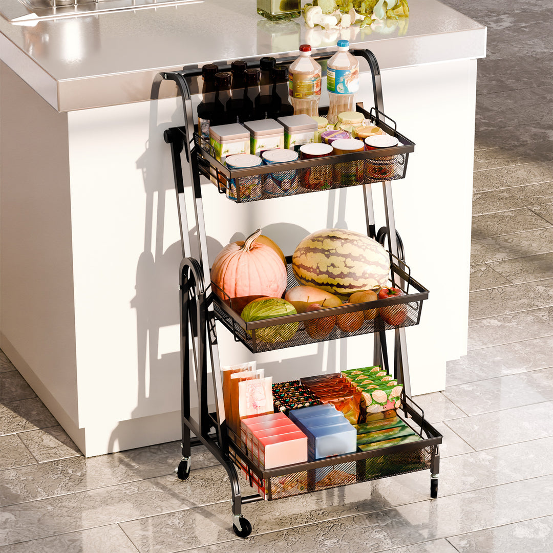 94cm Storage Rack 3-Tier Foldable Storage Shelves with Casters Detachable Basket Kitchen Storage Basket Cart 90-180 Image 9