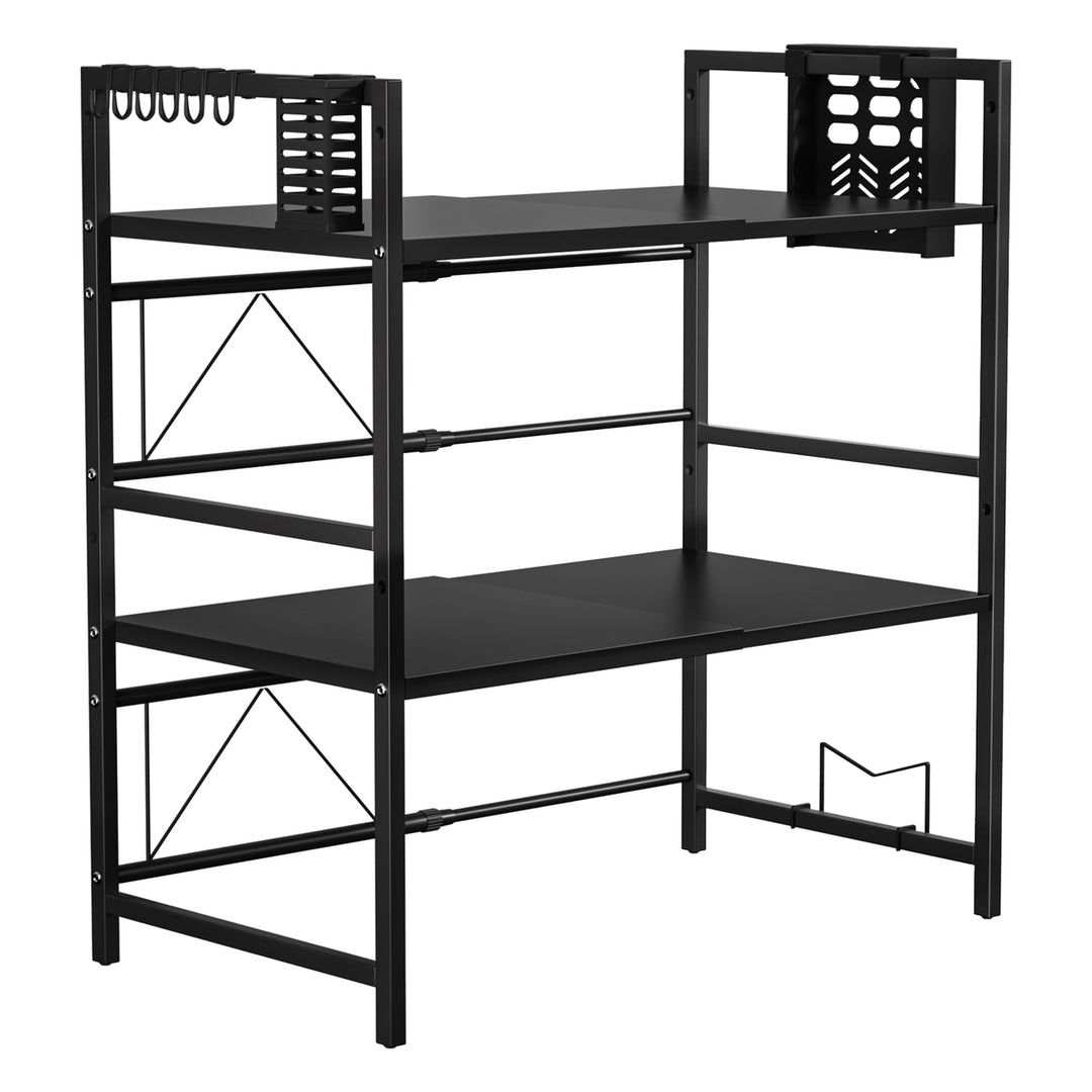 2 Tier Expandable Adjustable Microwave Oven Rack Shelf with Cutter Holder and Chopping Board Stand Kitchen Counter Image 1