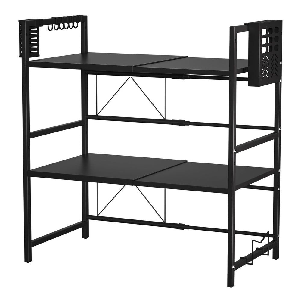 2 Tier Expandable Adjustable Microwave Oven Rack Shelf with Cutter Holder and Chopping Board Stand Kitchen Counter Image 2